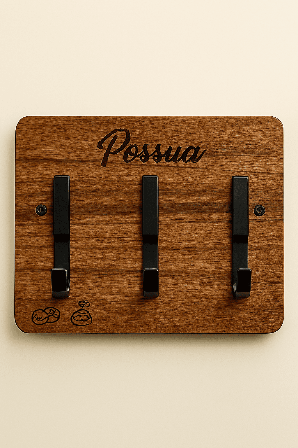 Cabide de parede em madeira com ganchos metálicos